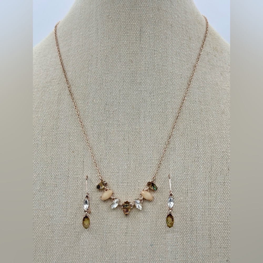 Anne Klein Rose Gold Crystal Abalone Shell Necklace Earring Set Marquise Dangle